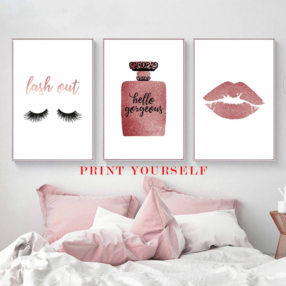 Rose Gold Dekor, Make-Up-Wand-Kunst, Lashes Druck, Rosa Schlafzimmer  Wand-Dekor, Hallo Wunderschöne Zeichen, Mode-Plakate, Lash-Out, Lippen  Druckbare, pertaining to Schlafzimmer Rosegold