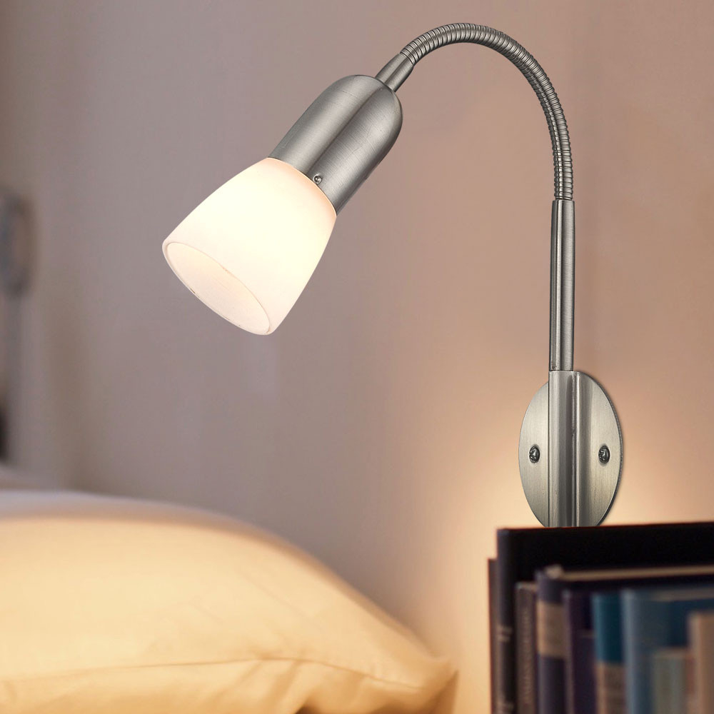 Wandleuchte Leselampe Flexo Wandleuchte Schlafzimmer Bett Wandlampe Mit  Kabel Für Steckdose, Spot Beweglich, Metall Nickel Glas Weiß, 1X E14  Fassung, with regard to Leselampe Schlafzimmer